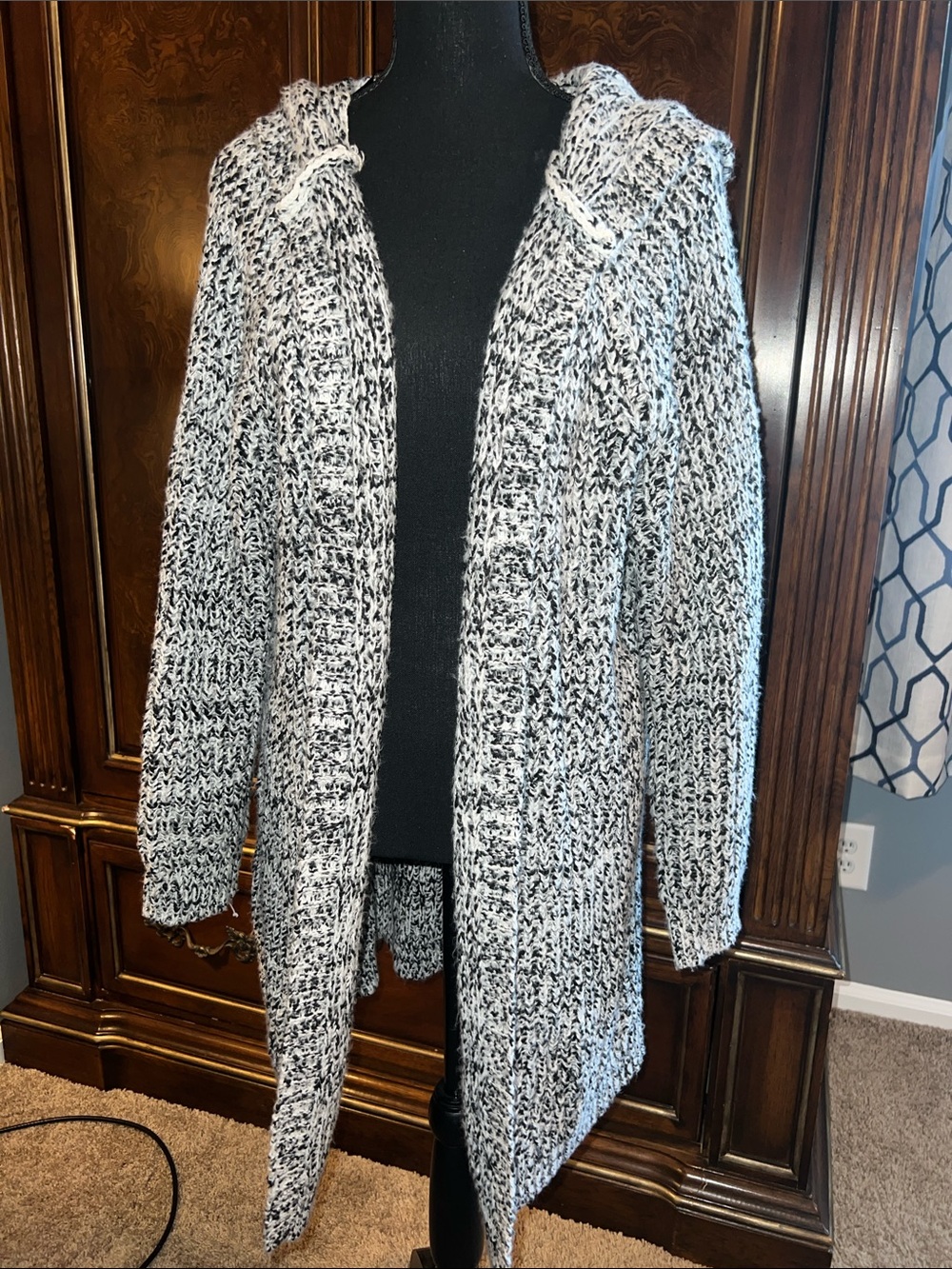 Lane Bryant Black & White Marled Hooded Open Cardigan Sweater